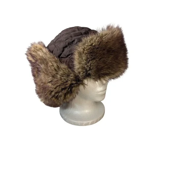 Concept One Accessories Brown Quilted Trapper Hat Faux Fur Aviator Bomber Cap - Picture 3 of 10